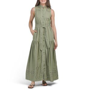 AVEC LES FILLES Olive Sleeveless Embroidered Maxi Dress